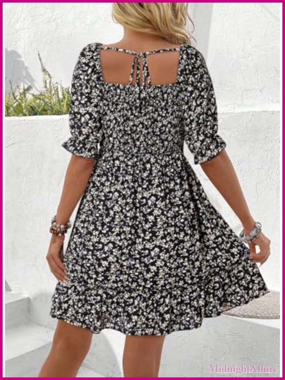 Women's Floral Smocked Mini Sundress Square Neck Puff Sleeve Boho - Picture 2 of 6